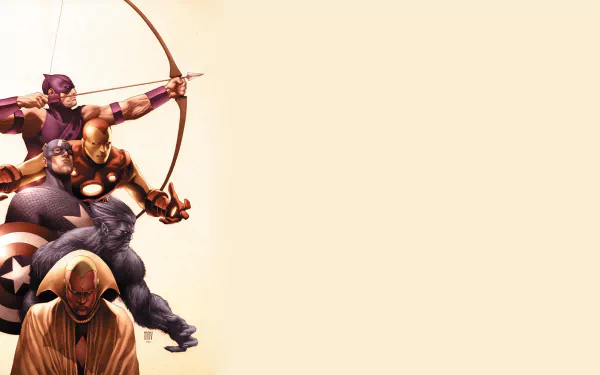 Comic-style HD PC desktop wallpaper featuring Ultimate Alliance heroes: Hawkeye drawing his bow, Iron Man, Captain America with shield, and Beast clustered on a pale background.