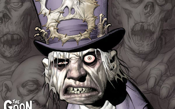 HD PC desktop wallpaper featuring The Goon from Dark Horse Comics, depicting a menacing character with pale skin, a top hat, and intense eyes against a ghostly background.