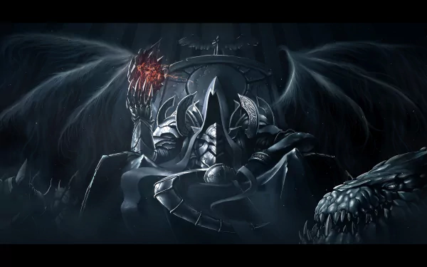 Malthael from Diablo III sits ominously on his throne, holding a dark orb, amidst a shadowy background. This HD wallpaper captures the essence of Diablo III: Reaper of Souls.