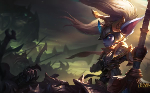 A captivating HD wallpaper featuring Poppy from League of Legends, showcasing her fierce stance against a dramatic backdrop of shadows and mystical elements.