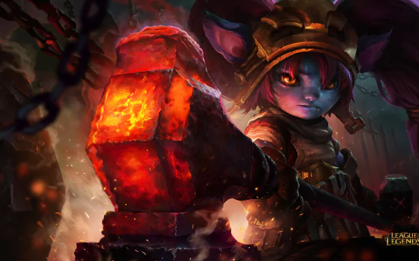A high-definition desktop wallpaper featuring Poppy from League of Legends, set in Demacia, showcasing her determination as she wields a heavy hammer against a fiery backdrop.