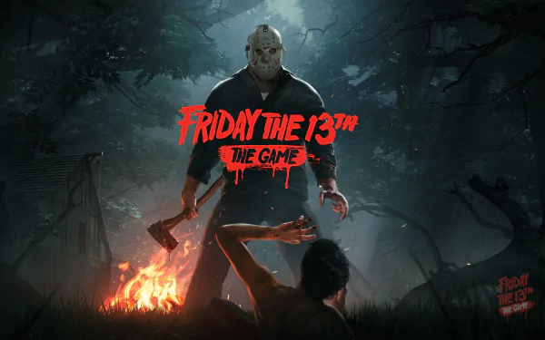 A chilling HD desktop wallpaper from Friday the 13th: The Game, featuring Jason Voorhees looming ominously over a defenseless character in a dark forest setting.