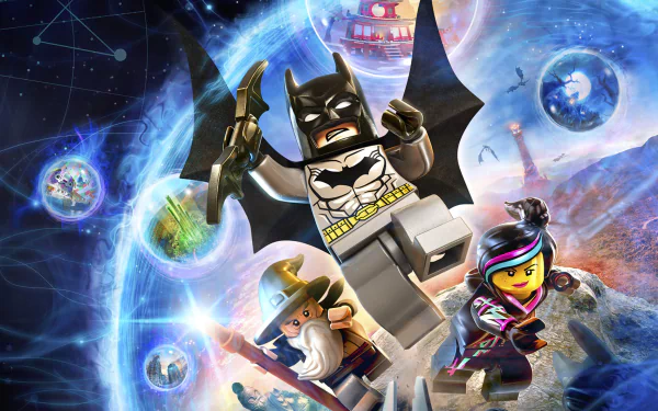 HD PC desktop wallpaper featuring LEGO Dimensions Batman and other characters in a dynamic outer space scene from the video game.