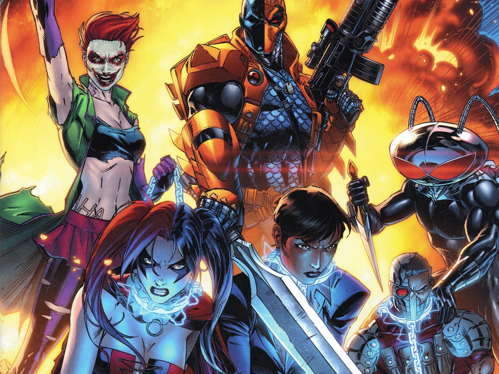 High-definition desktop wallpaper featuring iconic DC Comics characters: Deadshot, Harley Quinn, Deathstroke, and Black Manta, showcasing their dynamic presence in a vibrant comic backdrop.