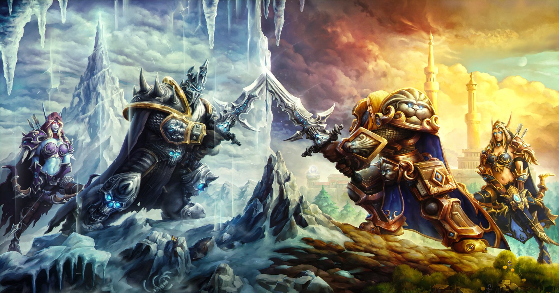 HD PC desktop wallpaper featuring an epic battle scene from the video game Heroes of the Storm, showcasing iconic armored heroes clashing in a fiery, icy landscape.