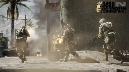 HD PC desktop wallpaper featuring intense combat soldiers from the video game Battlefield: Bad Company 2 in an urban warzone setting.