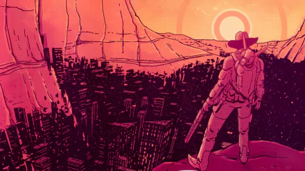 HD PC desktop wallpaper, comic East of West: lone gunslinger on canyon rim watches a sprawling dark city below under a red-orange sky and ringed sun.
