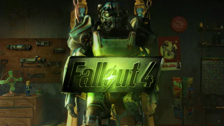 Image of Power Armor from the video game Fallout 4 with the game's logo prominently displayed in the center. The setting appears to be a workshop, reflecting a typical environment from Fallout 4.