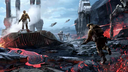 HD PC desktop wallpaper of the video game Star Wars Battlefront (2015): soldiers advance across a lava-scarred battlefield with AT-AT walkers and starfighters in a smoky sky.
