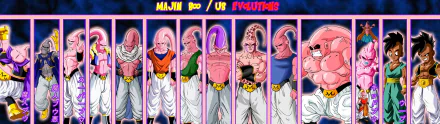 A vibrant HD desktop wallpaper showcasing various forms of Majin Buu from Dragon Ball Z, highlighting his evolutions in a colorful and dynamic display.