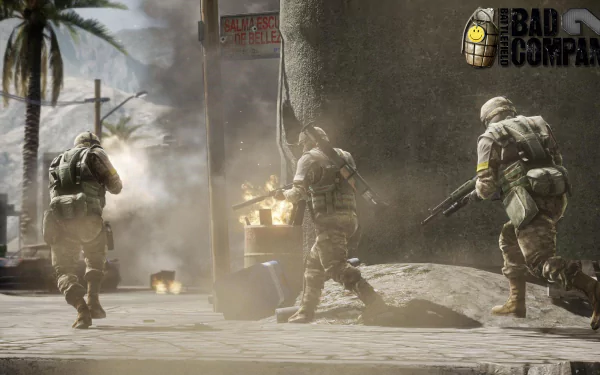 HD PC desktop wallpaper featuring intense combat soldiers from the video game Battlefield: Bad Company 2 in an urban warzone setting.