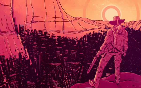 HD PC desktop wallpaper, comic East of West: lone gunslinger on canyon rim watches a sprawling dark city below under a red-orange sky and ringed sun.