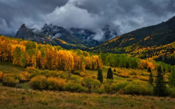 HD desktop wallpaper showcasing a dramatic fall landscape with golden forests, cloudy skies, and rugged mountains in Colorado, USA.