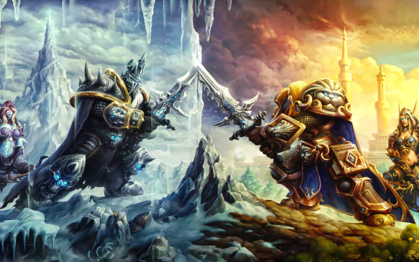 HD PC desktop wallpaper featuring an epic battle scene from the video game Heroes of the Storm, showcasing iconic armored heroes clashing in a fiery, icy landscape.