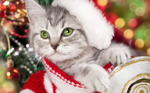 A festive kitten wearing a Santa hat and cozy sweater poses amid colorful bokeh lights, capturing the joy of Christmas in this HD desktop background.