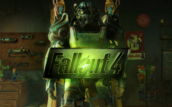 Image of Power Armor from the video game Fallout 4 with the game's logo prominently displayed in the center. The setting appears to be a workshop, reflecting a typical environment from Fallout 4.