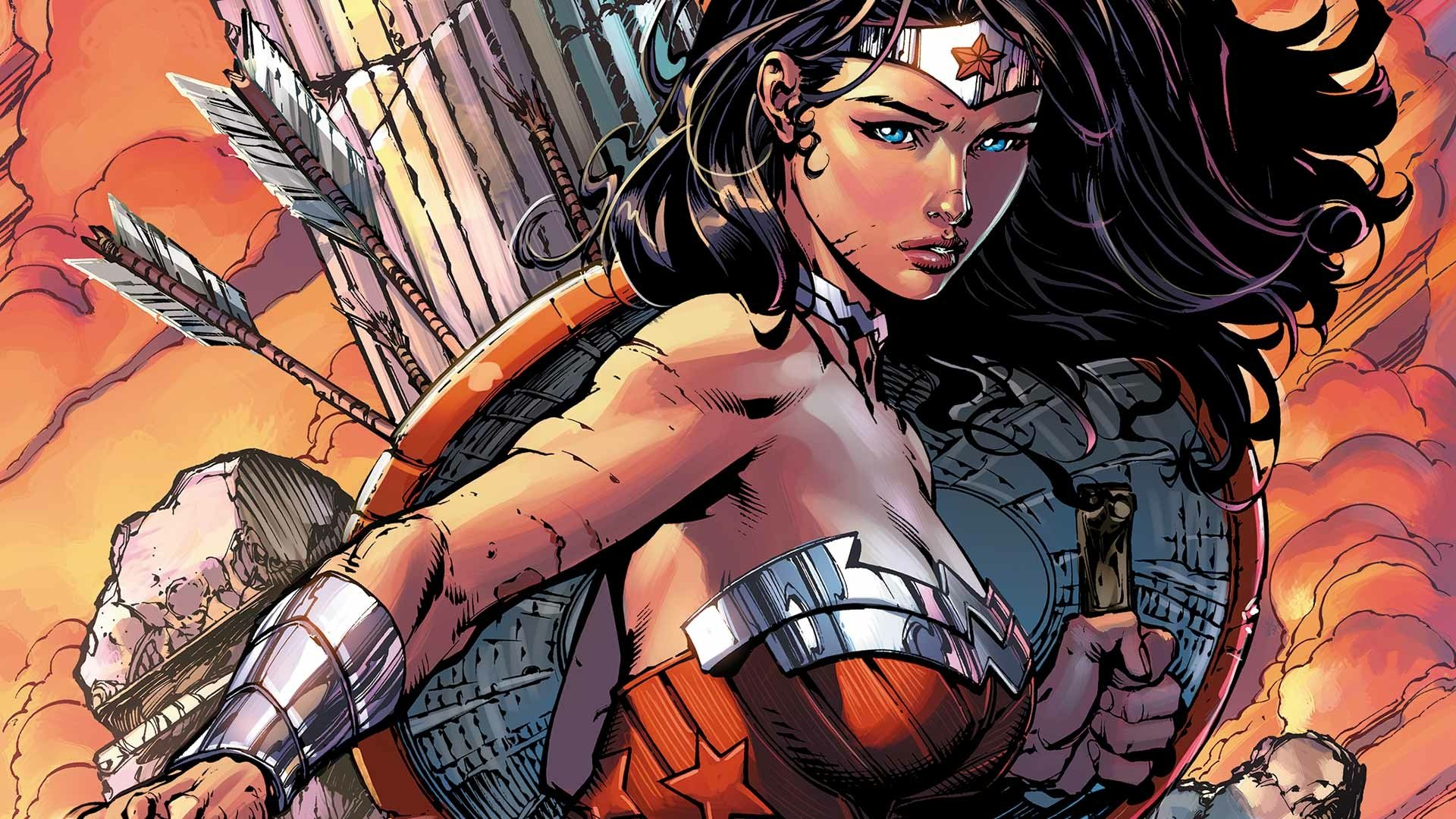 A dynamic HD wallpaper featuring Wonder Woman from DC Comics, showcasing her strength and determination against a vibrant, heroic background.