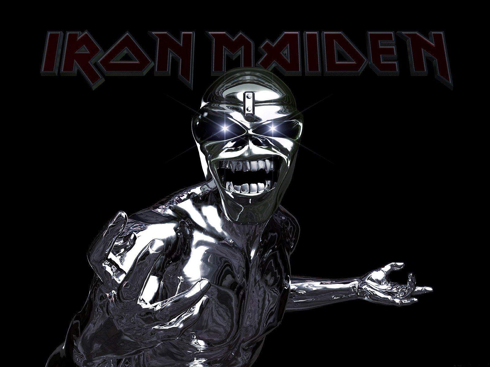 HD PC desktop wallpaper: chrome metallic Eddie mascot reaching out on a black background with the Iron Maiden logo — heavy metal band music artwork.