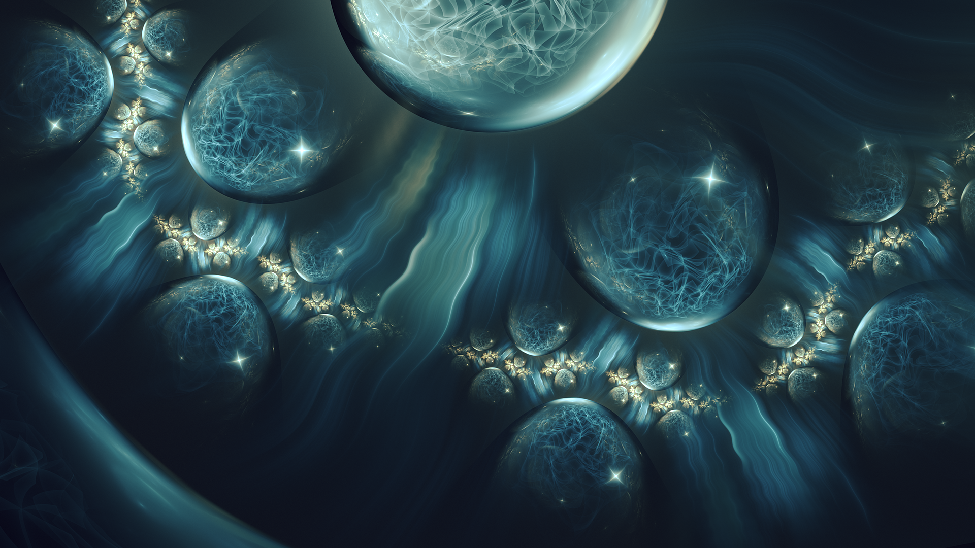 Abstract fractal HD PC desktop wallpaper and background: teal and navy crystalline orbs with flowing luminous tendrils and star-like sparkles forming an otherworldly scene.