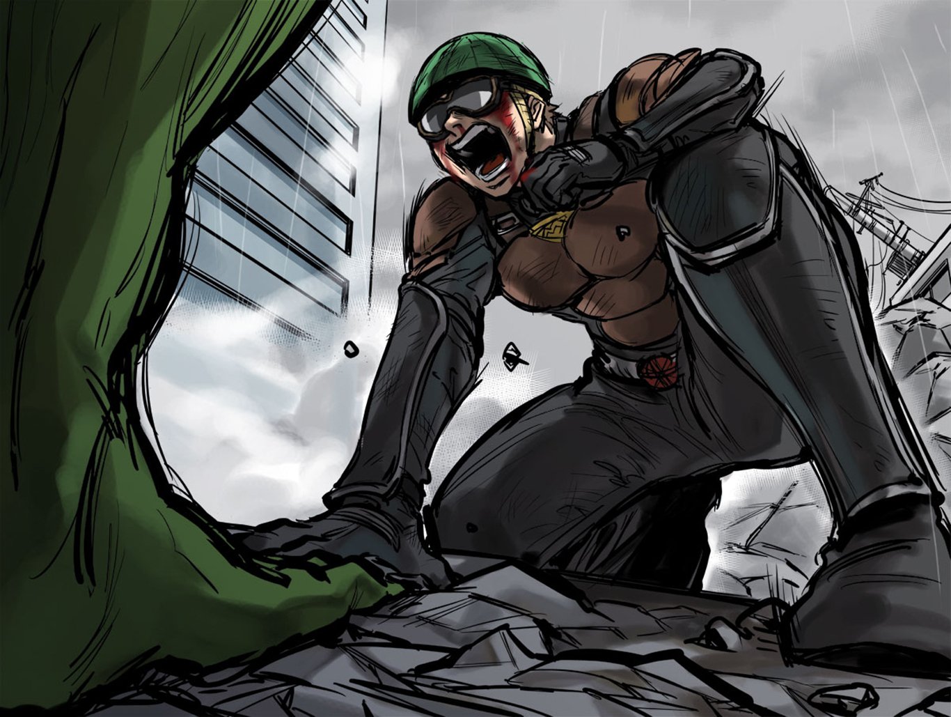 HD PC wallpaper featuring Mumen Rider and Sea King from the anime One-Punch Man in an intense battle scene amid urban destruction.