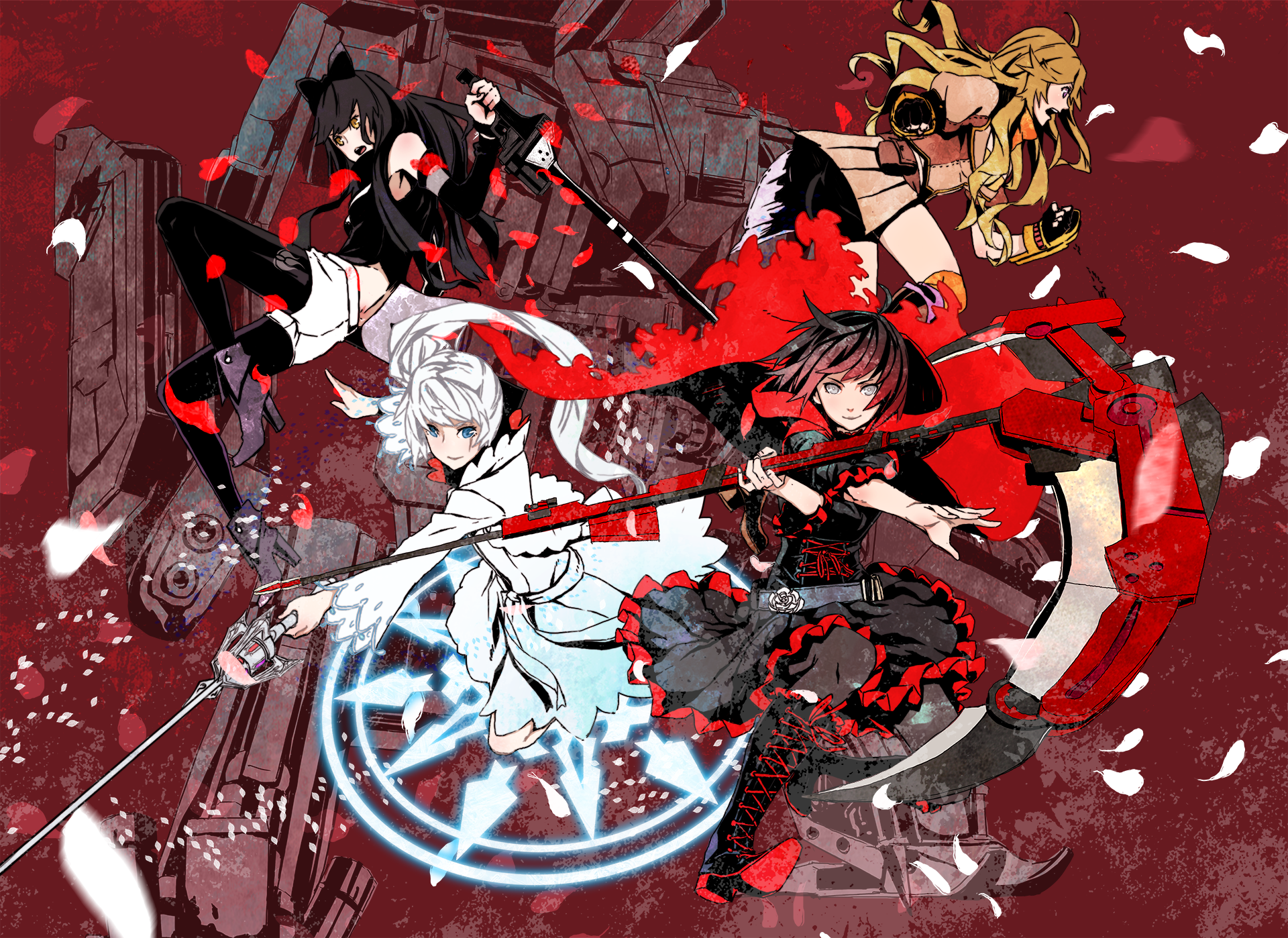 A vibrant HD desktop wallpaper featuring characters from the anime RWBY, showcasing dynamic poses and action against a striking red background with scattered petals.