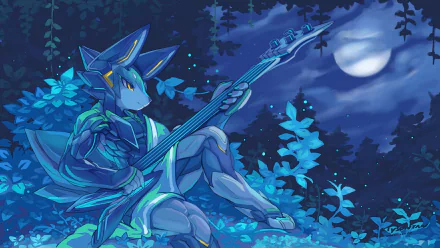 A fantasy-themed HD wallpaper featuring an anthropomorphic fox playing an electric guitar under a glowing moon, surrounded by lush, blue foliage.