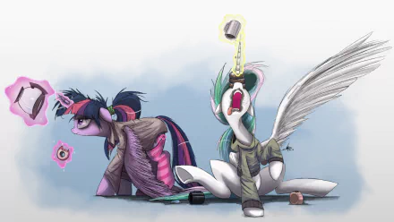 Princess Celestia and Twilight Sparkle from My Little Pony: Friendship Is Magic engage in playful antics, set against a vibrant backdrop, perfect for an HD desktop wallpaper.