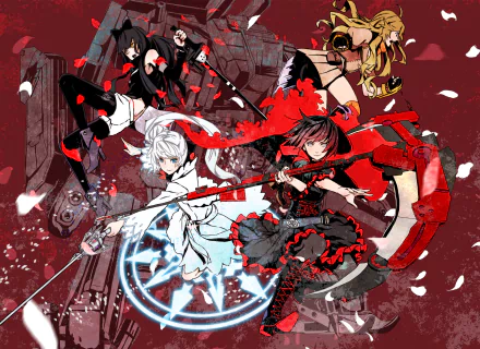 A vibrant HD desktop wallpaper featuring characters from the anime RWBY, showcasing dynamic poses and action against a striking red background with scattered petals.