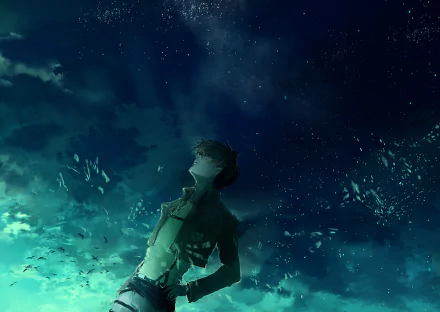 HD desktop wallpaper of Levi Ackerman from Attack on Titan. He is gazing up at the starry night sky with clouds in the background, creating a serene and contemplative atmosphere.