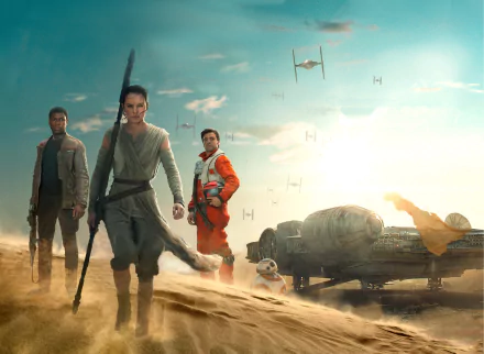 HD wallpaper featuring Star Wars Episode VII: The Force Awakens characters Finn, Rey, Poe Dameron, and BB-8, with the Millennium Falcon and TIE fighters in the background. Tags: Oscar Isaac, John Boyega, Daisy Ridley.