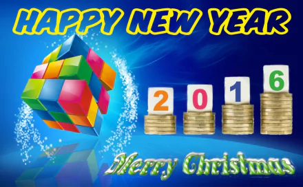 HD PC desktop wallpaper featuring a colorful Rubik’s Cube, stacks of coins with “2016” blocks, and festive “Happy New Year” and “Merry Christmas” holiday greetings.