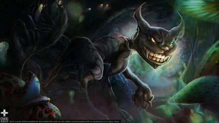 Twisted Cheshire Cat from American McGee's Alice snarls in a moonlit, surreal forest — HD PC desktop wallpaper, video game art
