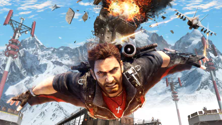 Rico Rodriguez from Just Cause 3 soars through a vibrant sky, amidst explosions and debris, featured as a dynamic HD wallpaper for fans of the action-packed video game.