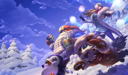 A snowy scene featuring playful penguins alongside characters Gnar, Bard, and Syndra from League of Legends, set against a vibrant, wintry backdrop in HD wallpaper format.