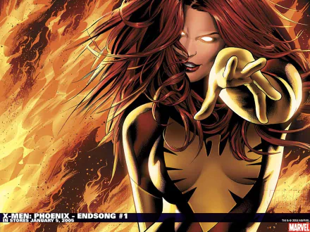HD PC wallpaper featuring Dark Phoenix (Jean Grey) from X-Men, engulfed in fiery flames, showcasing her powerful cosmic Phoenix form from Marvel Comics.