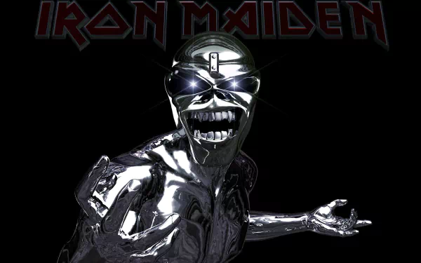 HD PC desktop wallpaper: chrome metallic Eddie mascot reaching out on a black background with the Iron Maiden logo — heavy metal band music artwork.