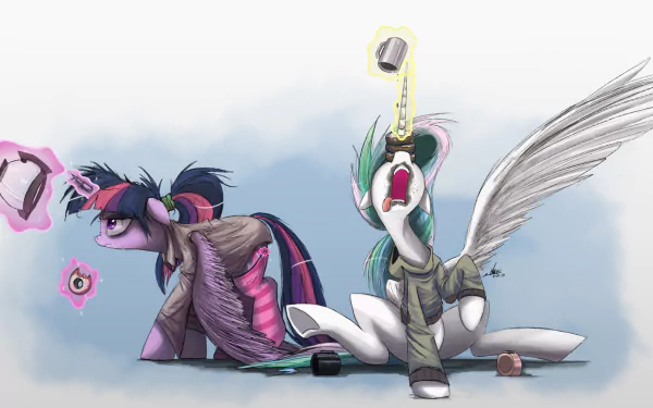 Princess Celestia and Twilight Sparkle from My Little Pony: Friendship Is Magic engage in playful antics, set against a vibrant backdrop, perfect for an HD desktop wallpaper.