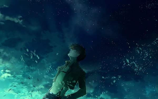 HD desktop wallpaper of Levi Ackerman from Attack on Titan. He is gazing up at the starry night sky with clouds in the background, creating a serene and contemplative atmosphere.