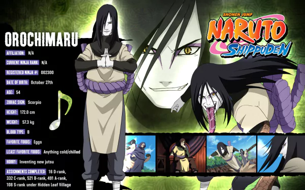 HD desktop wallpaper featuring Orochimaru from the anime Naruto, showcasing various images and character information on a vibrant background. The title Naruto Shippuden is prominently displayed.