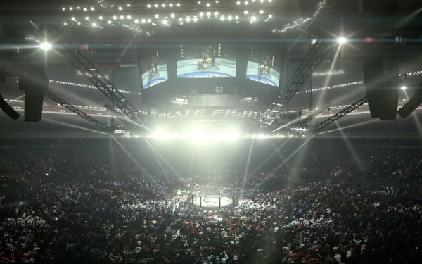 A packed arena illuminated by bright lights centers on a mixed martial arts octagon, captured in an HD sports-themed desktop wallpaper.