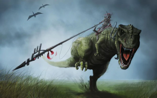 HD wallpaper featuring a roaring Tyrannosaurus Rex ridden by a fantasy warrior with winged creatures flying in the background. The scene is set in a misty, grassy landscape.