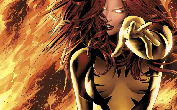 HD PC wallpaper featuring Dark Phoenix (Jean Grey) from X-Men, engulfed in fiery flames, showcasing her powerful cosmic Phoenix form from Marvel Comics.