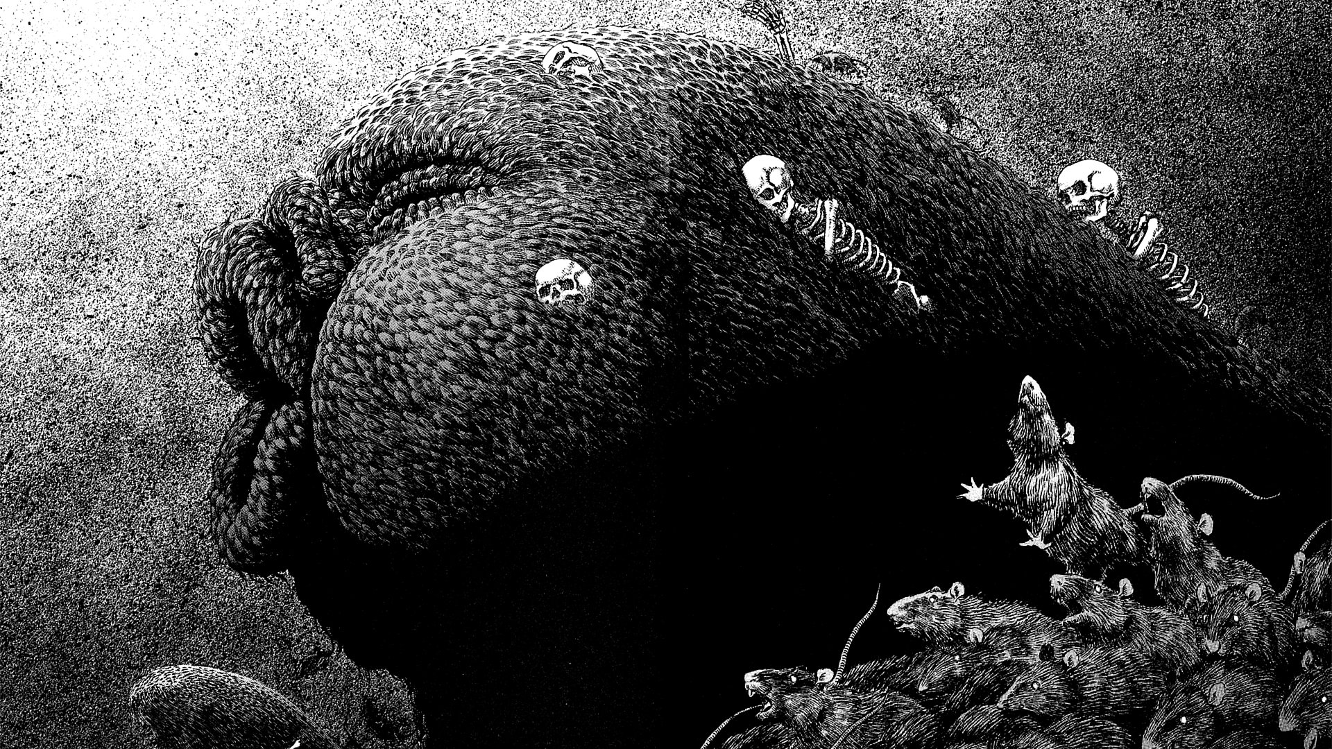 HD anime wallpaper from Berserk featuring a massive, textured creature surrounded by skulls and skeletons against a dark, gritty background.