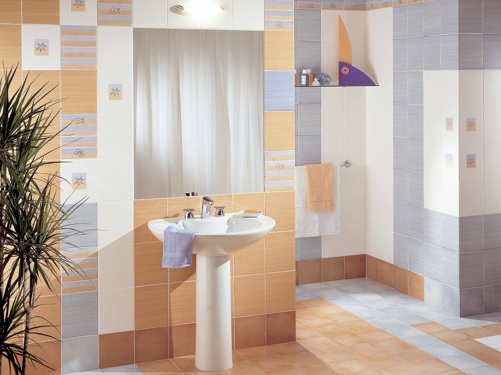 A bright and modern bathroom featuring colorful tiles, a white pedestal sink, and natural light from a window, suitable as an HD PC desktop wallpaper and background.