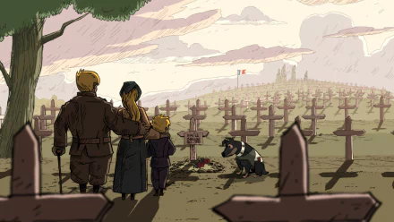 HD PC desktop wallpaper from the video game Valiant Hearts: The Great War, depicting a family and dog standing in a WWI battlefield cemetery under a soft, cloudy sky.