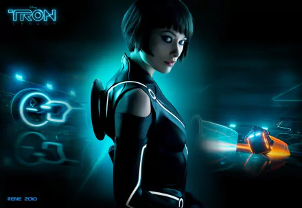 A striking HD wallpaper featuring Olivia Wilde as a character from the movie TRON: Legacy, set against a vibrant blue and neon-lit digital backdrop.