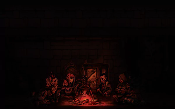 HD PC desktop wallpaper featuring characters from the video game Darkest Dungeon gathered around a campfire in a dark, eerie setting.
