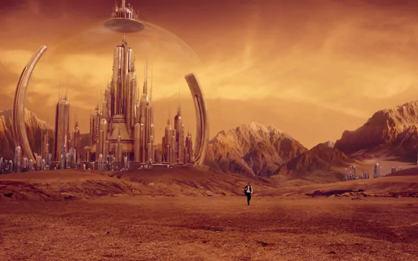 A stunning HD wallpaper of Gallifrey from Doctor Who, featuring a futuristic cityscape against a vibrant orange sky, embodying the essence of sci-fi adventure.