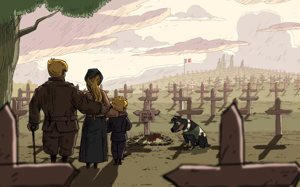 HD PC desktop wallpaper from the video game Valiant Hearts: The Great War, depicting a family and dog standing in a WWI battlefield cemetery under a soft, cloudy sky.