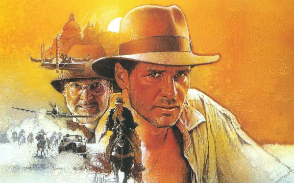 HD desktop wallpaper featuring iconic imagery from *Indiana Jones and the Last Crusade*, showcasing Indiana Jones alongside key characters against a vibrant orange backdrop.